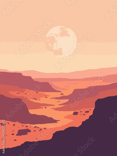 Mars with red-orange dusty plains, cratered canyons, polar ice caps, and a pale pink-orange sky