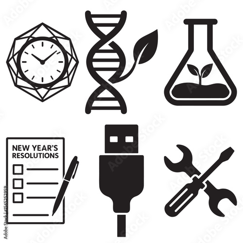 Science Technology Tools DNA Clock USB Resolutions Icon Set Vector