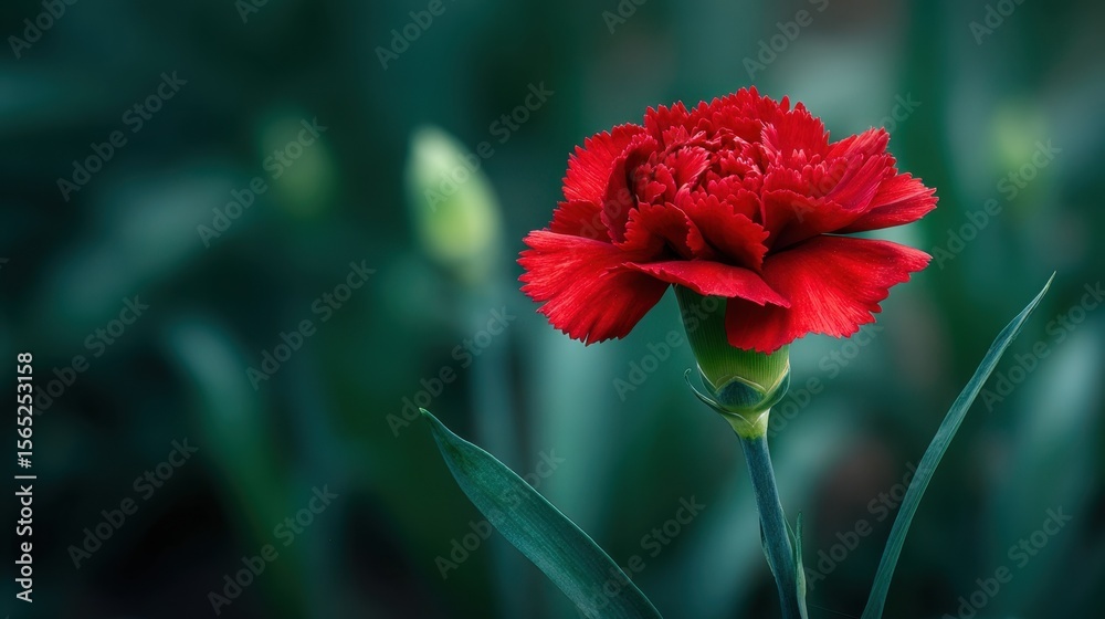 Obraz premium A lone vibrant red carnation captures attention with its rich color and emotive presence nestled amidst a soft blur of verdant greenery symbolizing everlasting love and beauty.
