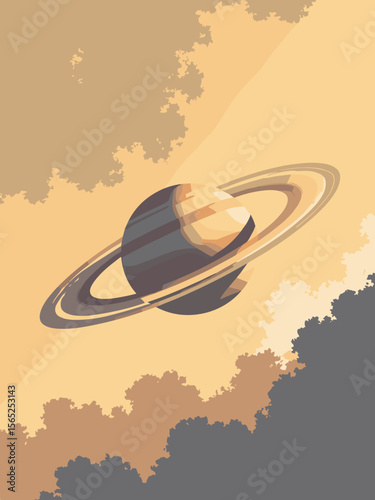 Saturn with detailed ring system casting shadows on yellow-tan gas clouds, planet pale gold with icy ring reflections