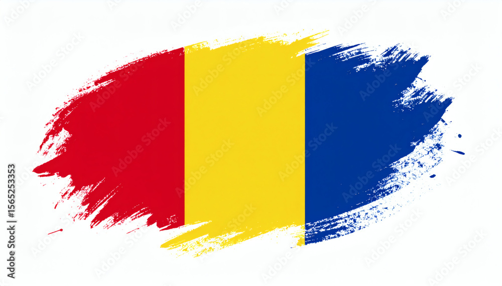 Fototapeta premium Romania flag painted in brush strokes of blue, yellow, and red on clean white background, artistic textured design in high resolution