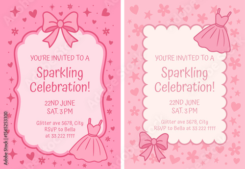 Elegant pink birthday party invitation card with stylish frame, cute girly icons including bow, perfume, shoes, heart, and stars on sparkling pink background. Vector illustration.