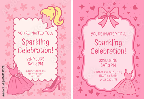 Chic pink birthday celebration invitation featuring decorative frame, bow, dress, shoes, perfume, and sparkling background with feminine playful style for festive events. Vector illustration.