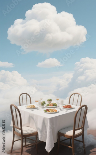 Dining Above the World: A Surreal Feast Among the Clouds in a Sky-High Setting