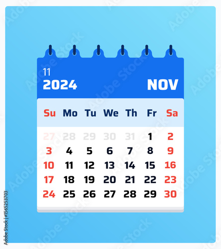 November 2024 calendar. Blue calendar portrait. 2024 Weekend on sunday and saturday. Layout template. Monthly calendar view nov 2024. Vector illustration