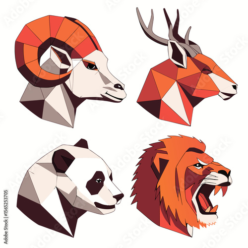 Geometric animal heads ram gazelle panda lion low poly