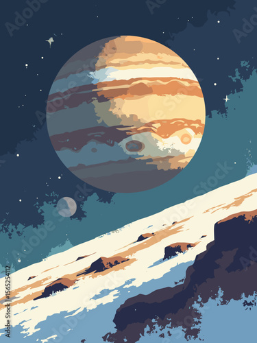 Europa with icy crust, brown cracked ridges, and Jupiter looming large behind in golden-banded tones