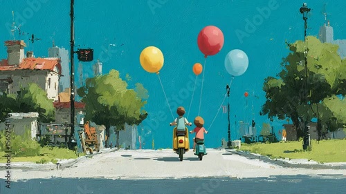 Whimsical Ride: Children on Scooters with Balloons in a Serene Suburban Setting, Artwork Style