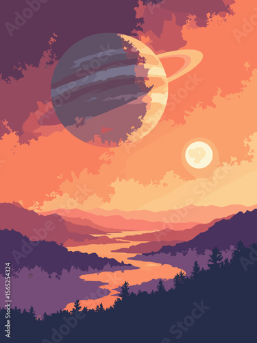 Titan with hazy orange atmosphere, methane lakes, and Saturn rising in the sky with ring detail