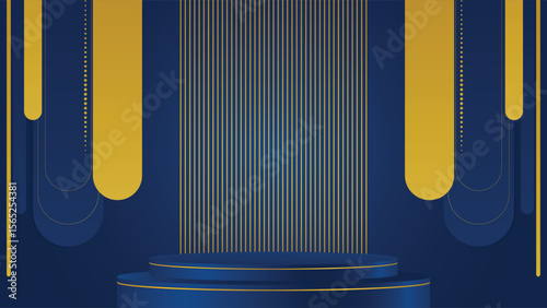 Elegant blue background featuring a golden podium stage with vertical lines perfect for luxury designs, product displays, banners, posters, presentations, digital art, and creative projects