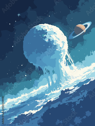 Enceladus with icy white-blue surface, geysers jetting into space, and Saturn’s rings in soft shadow
