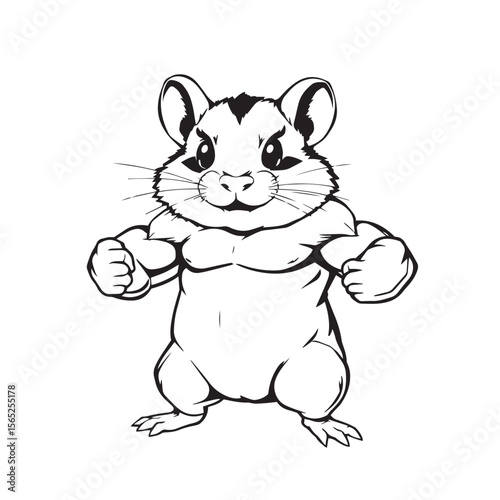 Muscle hamster tiny body ridiculously jacked arms black and white vector illustration.