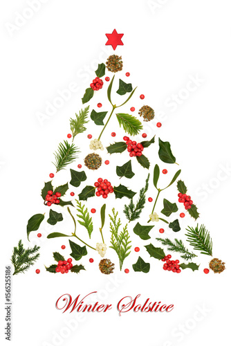 Wallpaper Mural Christmas winter solstice tree shape abstract concept with flora, holly, red berries, mistletoe, ivy, fir on white background. Festive Xmas design. Phrase. Torontodigital.ca