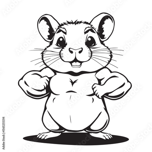 Muscle hamster tiny body ridiculously jacked arms black and white vector illustration.