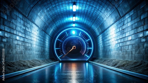 Futuristic Speedometer in a Neon-Lit Brick Tunnel A Vision of Progress and Velocity