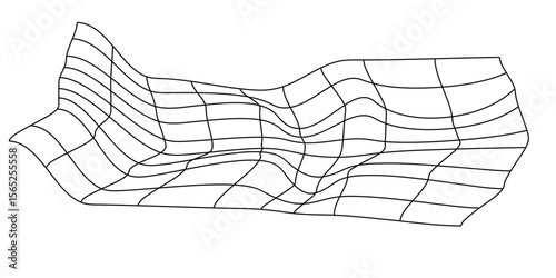 Fishing net with floats, curved by a wave. Graphic line art hand drawn on the theme of sea and fishing in black and white ink. Separate element isolated from the background EPS vector eps 10