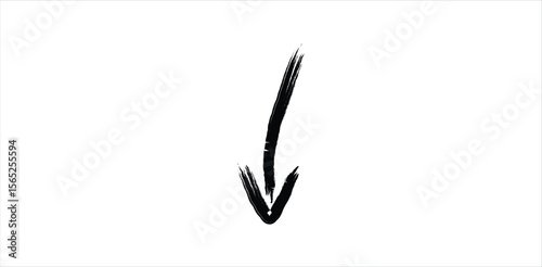 Black hand-drawn down arrow with scribble stroke on transparent background – minimal brush-style marker symbol for direction, emphasis, or visual cue in presentations and designs

