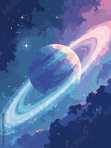 Kuiper Belt beyond Neptune, icy celestial bodies in pastel blue and pink hues with distant stars