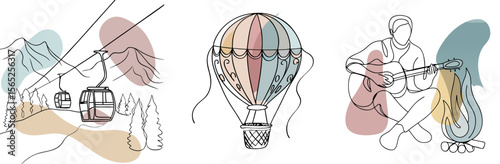 Elegant line drawing of nature activities with hot air balloon and music  
