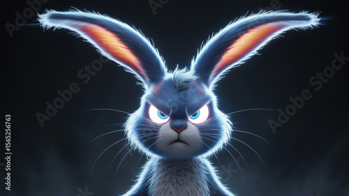 A dark, dramatic digital art piece of an angry cartoon rabbit with glowing blue eyes and long, flowing fur.