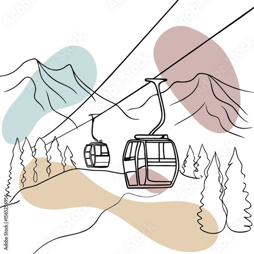 Outline of ski gondolas traveling over mountains and trees  