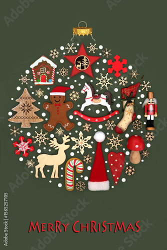 Wallpaper Mural Merry Christmas natural old fashioned retro bauble shape decoration with Xmas decorations, food, symbolic snowflakes on dark green. Festive surreal concept symbol. 
 Torontodigital.ca