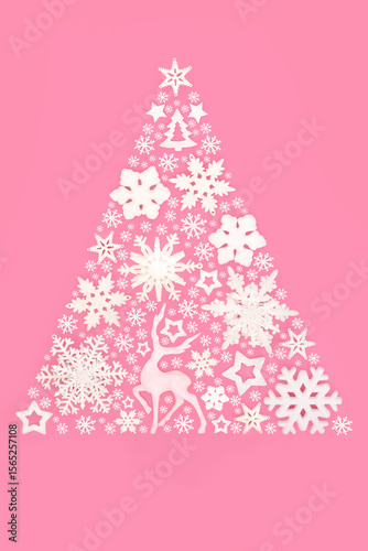 Wallpaper Mural Christmas tree concept shape with white reindeer, snowflake, star bauble sparkling decorations on pink. Festive abstract design for holiday season.  Torontodigital.ca