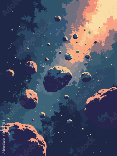 Asteroid Belt filled with floating rocks and irregular objects in varying grays and browns, with solar glint