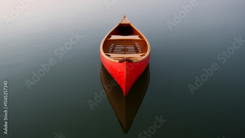 A minimalist photograph of a bright red wooden canoe floating on a dark gray water surface