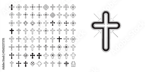 Collection of cross symbols in various designs and styles on a white background with one large cross