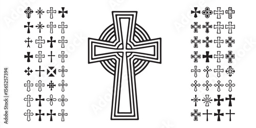 A collection of diverse cross designs and variations in black and white graphic representations
