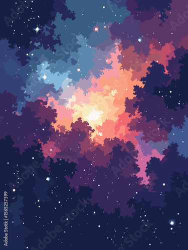 Large Magellanic Cloud in glowing nebula patches of red-orange, pale blue, and dust dark voids