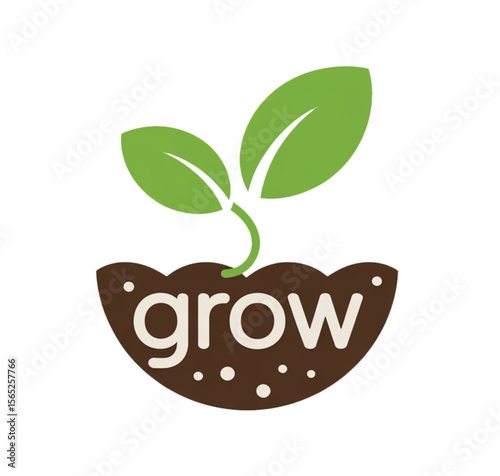 "A Minimalist Icon Illustration of a Green Plant Growing from Soil with the Word 'Grow' Representing Nature, Growth, and Sustainability"