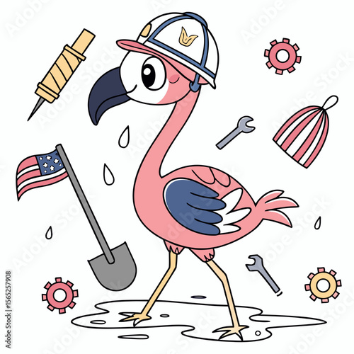Cute Cheerful Flamingo, accessorized with splashing in puddles, in a Labor Day world – Worker’s Pride palette vector