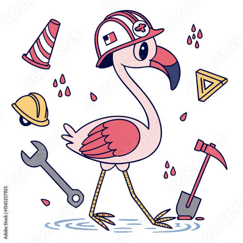 Cute Cheerful Flamingo, accessorized with splashing in puddles, in a Labor Day world – Worker’s Pride palette vector