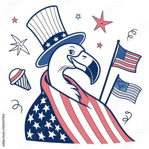 Vector illustration of a Loving Flamingo with wrapped in a blanket, styled in a Presidents’ Day theme using Founding Spirit colors