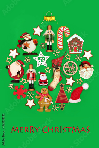 Wallpaper Mural Christmas retro natural bauble shape decoration with old fashioned Xmas decorations on green with food objects. Festive fun surreal symbol. Torontodigital.ca