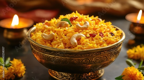 Fragrant white rice served in a richly decorated bowl garnished with cashews and fresh herbs on a wooden table, traditional Indian rice for the festival of Pongal