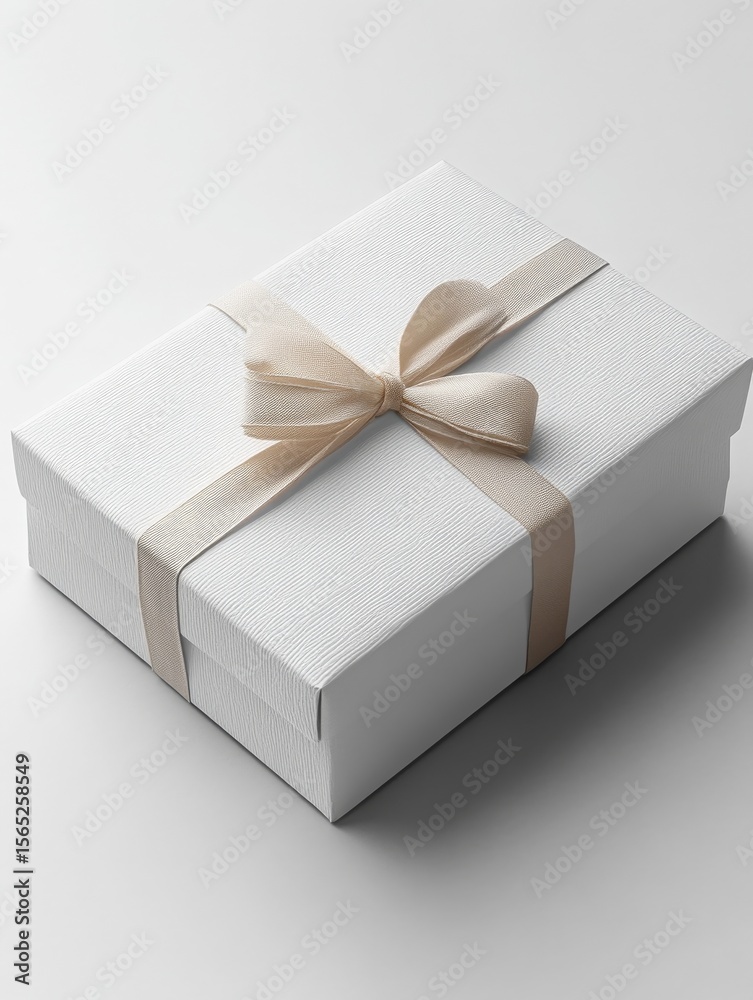 Elegant White Gift Box with Delicate Beige Ribbon and Bow, Perfect for Celebrations, Anniversaries, and Special Occasions. Timeless Gift-Giving. Elegant White Gift Box with Delicate Beige Ribbon and Bow, Perfect for Celebrations, Anniversaries, and Special Occasions. Timeless Gift-Giving.