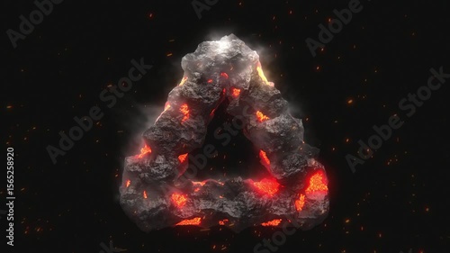 The set of volcanic elements with rock and lava. The various abstract geometric stone shapes with hot sparks. 3d render