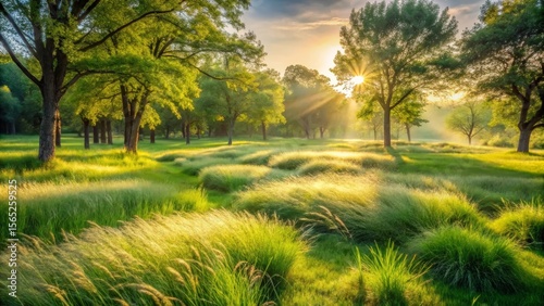 Serene Sunrise Illuminates a Verdant Meadow with Gentle Breezes Swaying Tall Grasses Underneath the Golden Rays