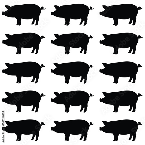Black pig silhouettes create a seamless pattern, ideal for backgrounds and fabric designs with a farm animal motif.