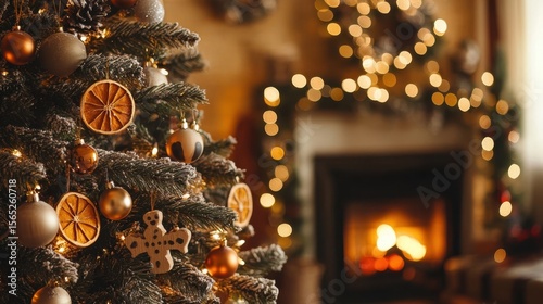 A festively decorated Christmas tree decorated with wooden ornaments, dried orange slices and garlands creates a warm and cozy atmosphere by a blazing fireplace.