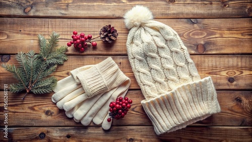 Cozy Winter Accessories on Rustic Wood Background Warm Knitted Hat, Gloves, and Festive Decor