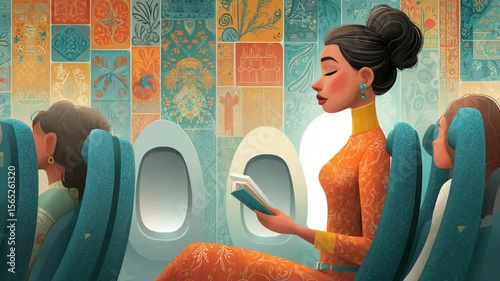 Woman reads book on airplane flight surrounded by passengers and colorful decor