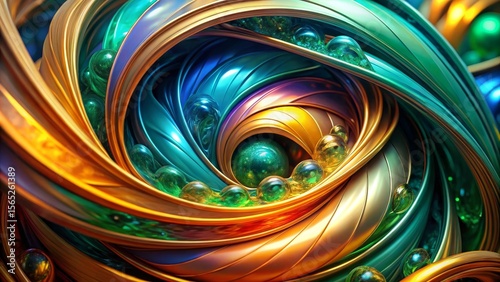 Abstract swirling metallic ribbons and spheres in vibrant jewel tones