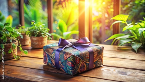 A Beautifully Wrapped Gift on Wooden Table with Lush Greenery in Background