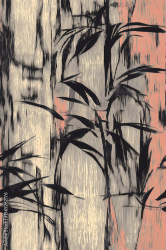 Black bamboo stalks growing on textured pink and beige background