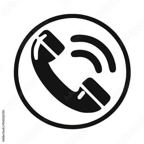Illustration of a black telephone handset inside a circular border with sound wave indicators above it
