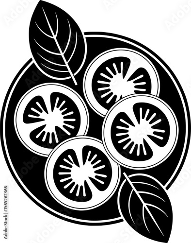 Bold linocut black-and-white vector of sliced tomatoes with basil on a plate, ideal for summer-themed designs